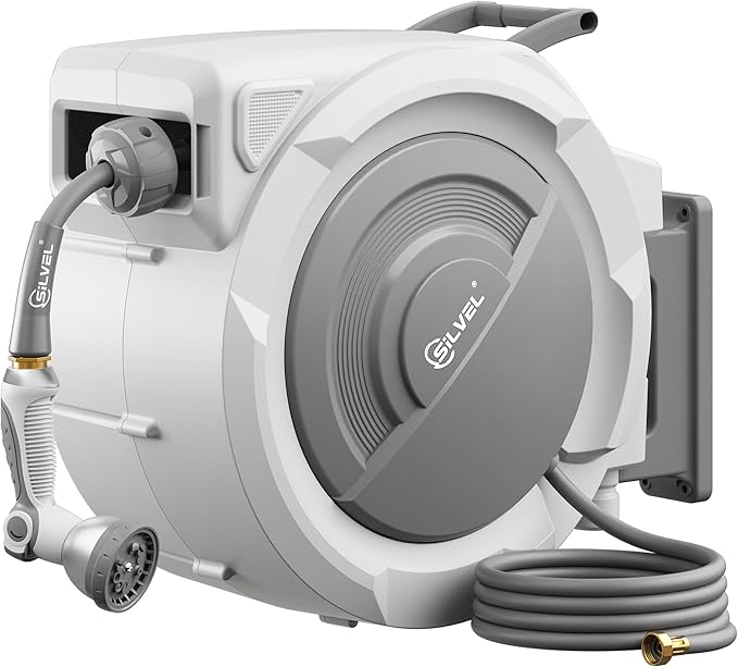 Retractable Garden Hose Reel, 1/2" x 150FT Heavy Duty Auto Hose Reel Wall Mounted, Upgraded UV Resistant with 10 Pattern Nozzle, Any Length Lock & Slow Return System,180°Swivel Bracket,Light Grey