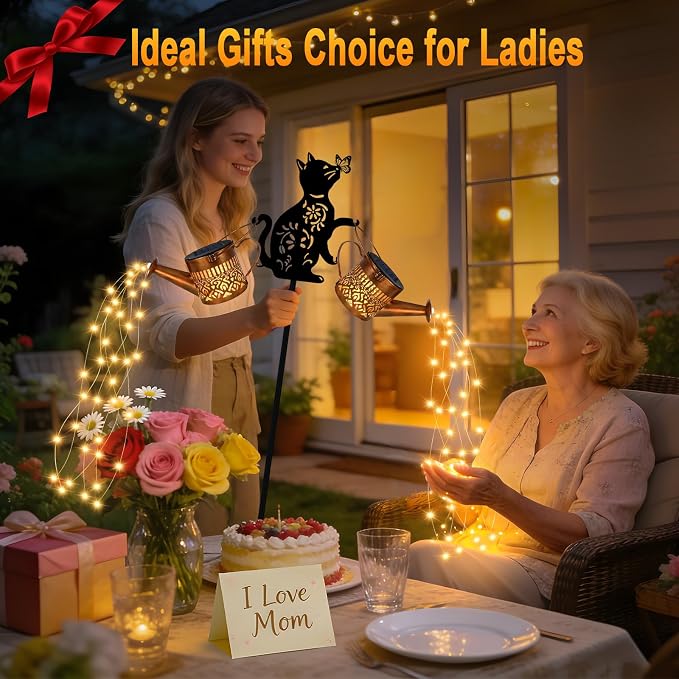 2 Pack Solar Watering Can Lights Waterproof, Metal Hanging Lantern Lights with Cat Silhouettes Stakes, Outside Garden Decor for Yard Patio Pathway, Gifts for Women Mother's Day Cat Lover Warm White