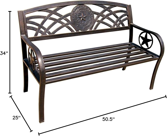 Leigh Country Texas State Seal Metal Bench, Outdoor Decorative Patio Seating for Porch/Deck