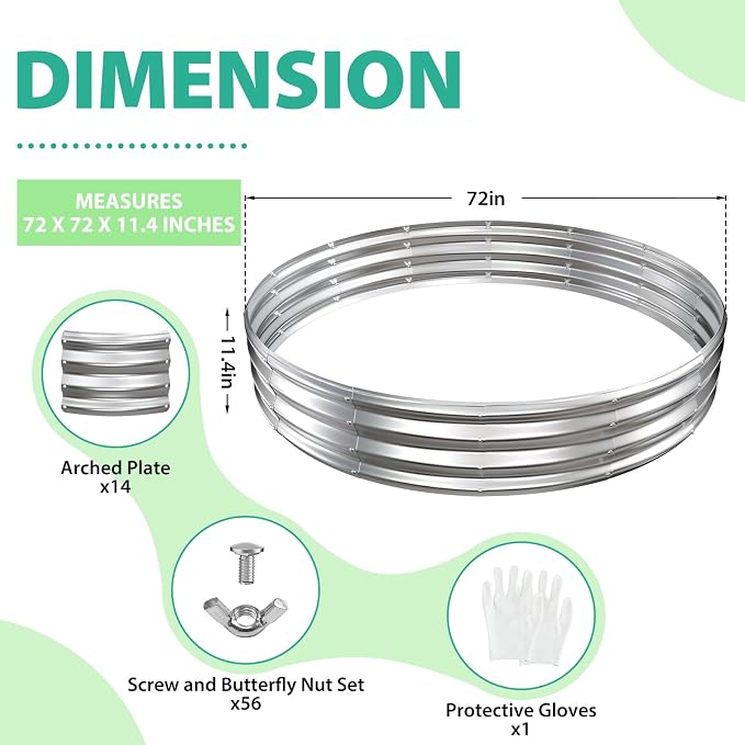 YSEJOMP 6FT Diameter Galvanized Garden Raised Bed/Plant Box/Fire Pit Ring-0.8mm Thick,12 Inch Tall,Crimped Edge and Corner,No Sharpe,Perfect for Plantings (Silver, 72 Dia X 11.5 inches)