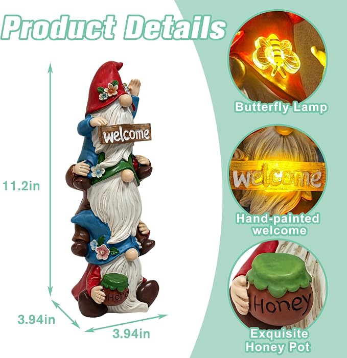 Garden Gnomes Outdoor Decor - Triple Stacked Gnome Statue with Solar Light - Weatherproof Resin Garden Decor for Outside Yard Lawn Patio - Unique Birthday Gift for Women Mom