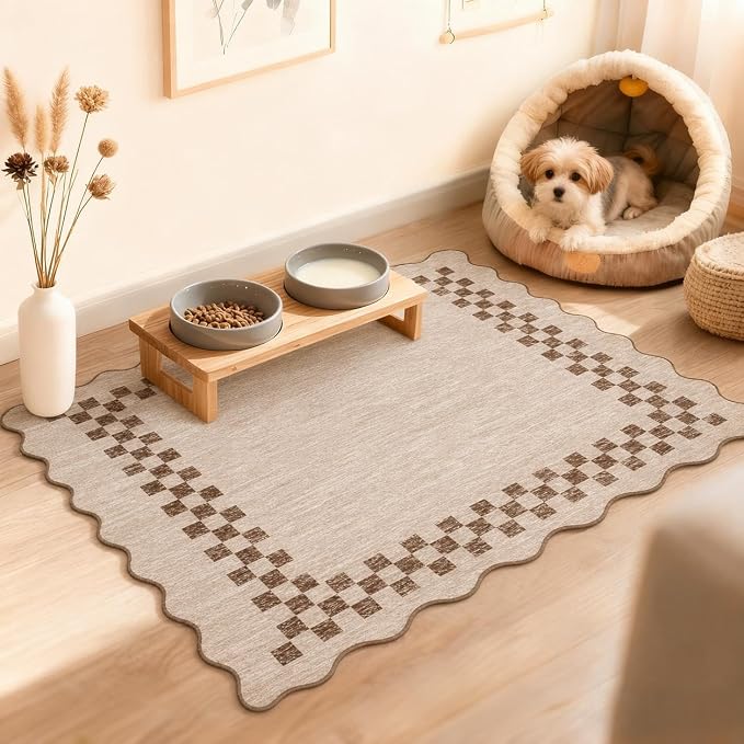 GarveeHome Small Scalloped Rug 2x3 Washable Modern Checkered Entry Rugs | Solid Color Kitchen Rugs, Bedroom Doormat, Non Slip Stain Resistant Bordered Throw Carpet for Living Room Nursery, Beige