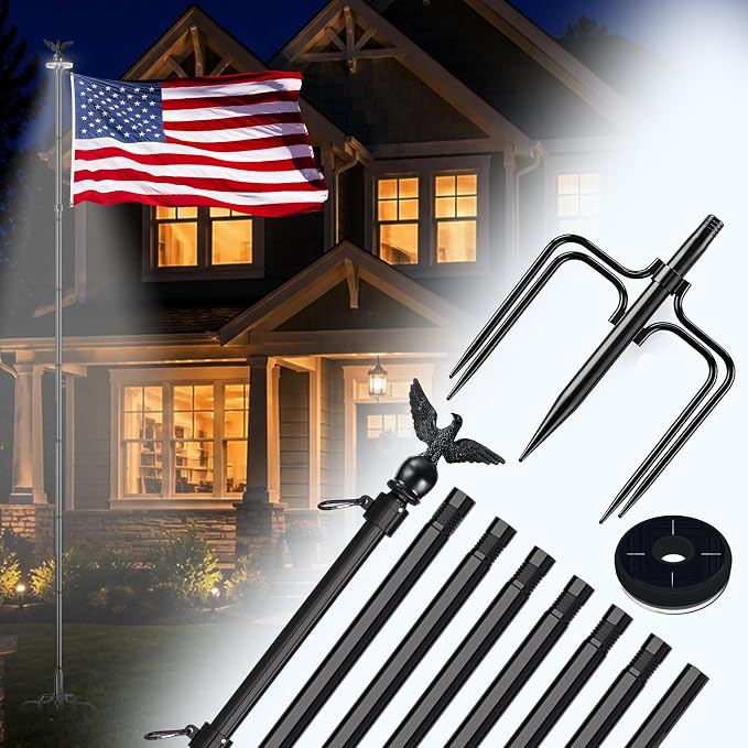 LETSTRY 10 FT In-Ground Flag Pole for Outside House with Solar Light, Heavy Duty Flagpole with Upgraded 5-Prong Base,Portable Mount Flapoles Kit for Yard, Garden Decor, Residential Commerical, Black