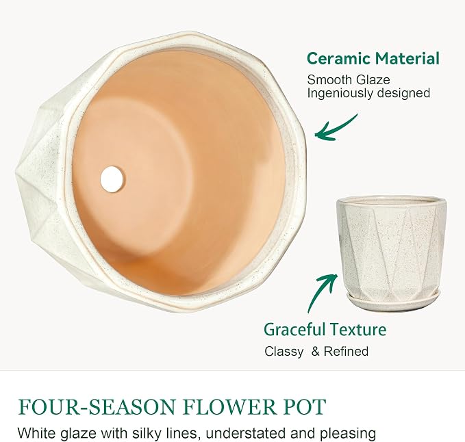 10 Inch Ceramic Plant Pot with Drainage Hole Mesh Net, Large Flower Pots for Indoor Plants with Saucer, Gardening Pots Outdoor (Silk White)