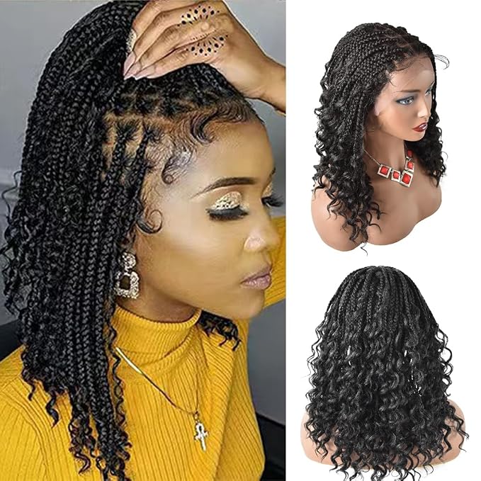 Lace Braids Wig For Black Women Box Braided Wigs Curly Swiss Lace Front Braid Wigs Hand Tied Micro Twist Braiding Wig Knotless Synthetic Braids Wig With Baby Hair (LL602483C, #1B)