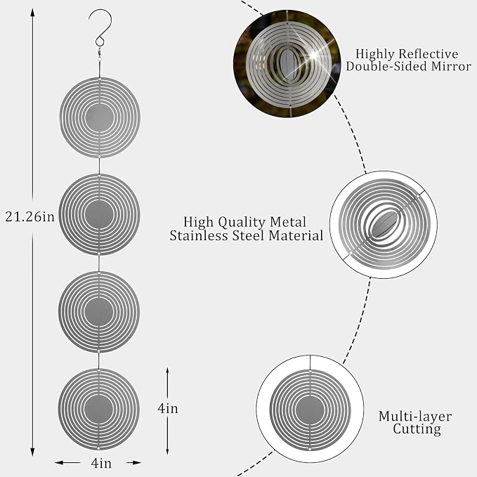 Stainless Steel Bird Deterrents for Outside Patio, Reflective 3D Bird Scare Devices Wind Spinners Outdoor Decor, Woodpecker Deterrent Bird Reflectors to Keep Pigeon Crow Away House Yard Window, Round