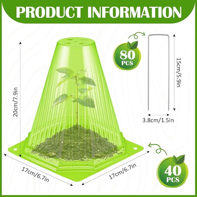 40PCS Garden Cloches for Plants with 80PCS Ground Stakes,Reusable Plant Bell Cover,Plastic Small Plant Seedling Protector Plants Cloches from Animals,Chickens, Birds,Snails & Frost,7.9" H X 6.7" D