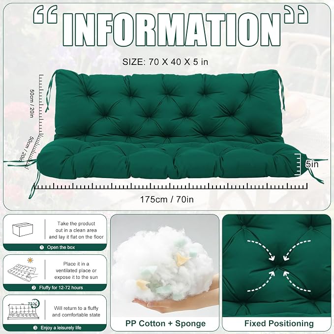 Porch Swing Cushions 3 Seater Replacement Thicken 5" Waterproof & Fade Resistant Swing Cushions for Outdoor Furniture Bench Patio Swing Cushion with Backrest & Ties(Dark Green 70x40x5inch)