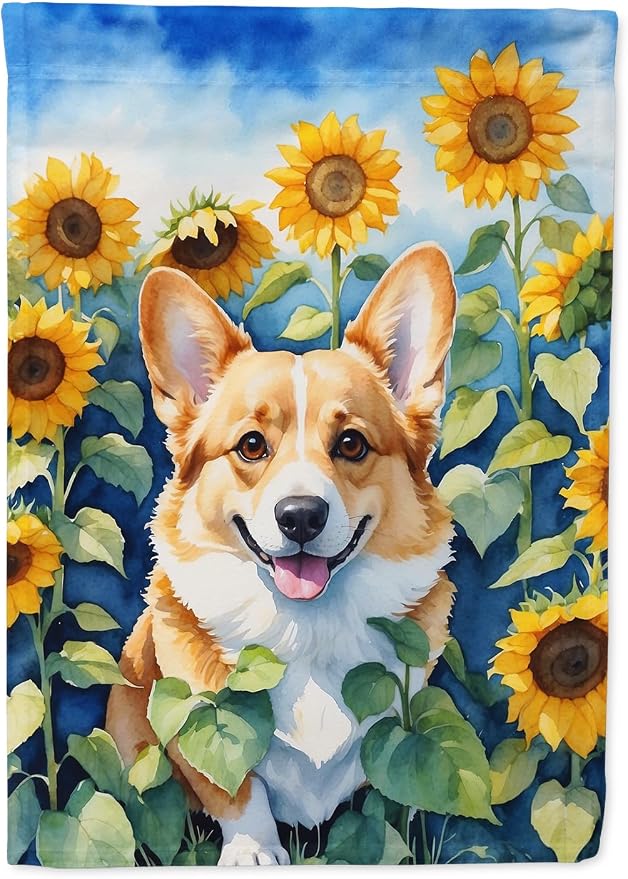 Caroline's Treasures DAC6062CHF Corgi in Sunflowers House Flag Large Porch Sleeve Pole Decorative Outside Yard Banner Artwork Wall Hanging, Polyester, House Size, Multicolor