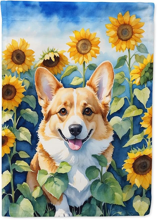 Caroline's Treasures DAC6062CHF Corgi in Sunflowers House Flag Large Porch Sleeve Pole Decorative Outside Yard Banner Artwork Wall Hanging, Polyester, House Size, Multicolor