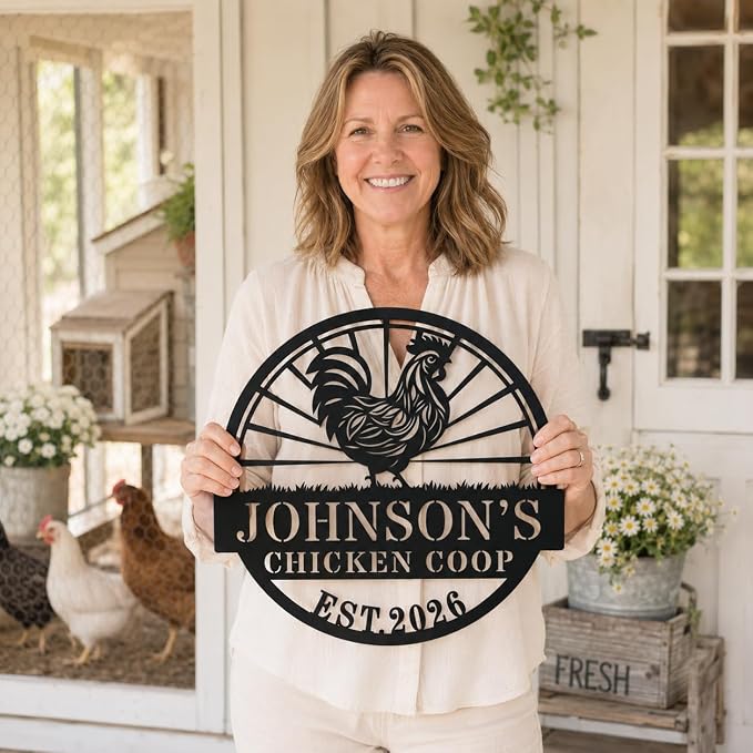 Personalized Chicken Coop Metal Sign Custom Farmhouse Name Plaque with Rooster Sunburst, Outdoor Hen House Wall Decor for Backyard Farmers and Chicken Lovers
