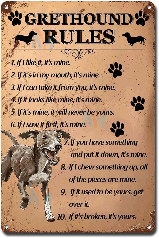 Metal Sign Tin Sign Vintage Wall Art Grethound1 Rules Funny Gardening Gift for Pub 6×8 Inches