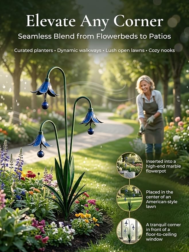 2026 New Triple Bluebell Garden Stake with Bells, Handmade 26inch Metal Rain Chimes Flower Plant Sculpture Yard Decorations Outdoor Rustic Wind Chime Ornament Gift for Walkways Patios Lawn