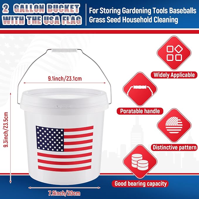 Threehoney 4 Pcs 2 Gallon Plastic Bucket with Lid and Handle, Large White Heavy Duty Bucket with American Flag for Home Gardening Tools Household Cleaning Baseballs Storage Container