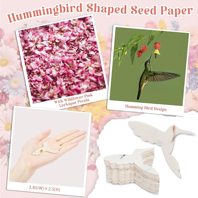 Dunzoom 50 Pcs Handmade Seed Paper Plantable Wildflower Seed Paper Recycled Flower Petals Tags Wedding Favors for Guests Craft Gifts Cards for Envelope Birthday Party, 5 Styles (Hummingbird Shape)