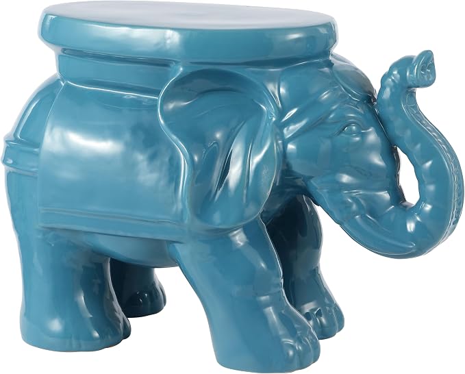 JONATHAN Y White Elephant 14.25" Glazed Ceramic Elephant Garden Stool, Weather-Resistant Indoor/Outdoor Patio Side Table and Plant Stand, Bohemian, Blue TBL1007D