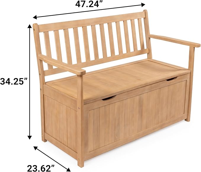 happimess STB1000A Sophie 48" Traditional Farmhouse Lift-Top Acacia Wood Storage & Entry Bench, Light Teak Matte Finish, with Seating & Armrest for Patio, Garden, Porch, Backyard, Poolside