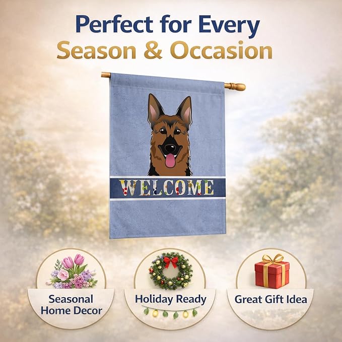 Caroline's Treasures BB1397CHF German Shepherd Welcome House Flag, Blue Large Porch Sleeve Pole Decorative Outside Yard Banner Artwork Wall Hanging, Polyester, House Size, Multicolor