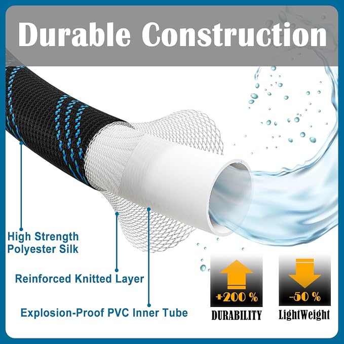 Garden Hose 100ft, Non-Expandable Lightweight & Flexible Water Hose, with 10-Pattern Spray Nozzle, Super Fabric, Leak-Proof 3/4" Solid Brass Alloy Connector Fittings, Durable