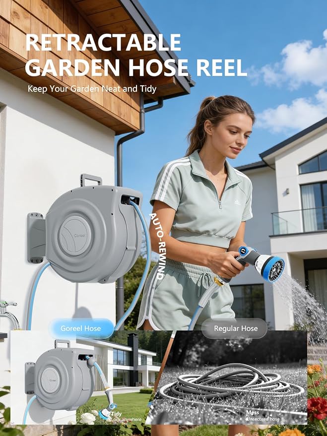Retractable Garden Hose Reel 1/2 in x 65 ft Heavy Duty Automatic Water Hose Reel with 10-Function Sprayer Nozzle Kink-Free Auto Rewind Any-Length Lock 180° Swivel UV Resistant - Light Gray