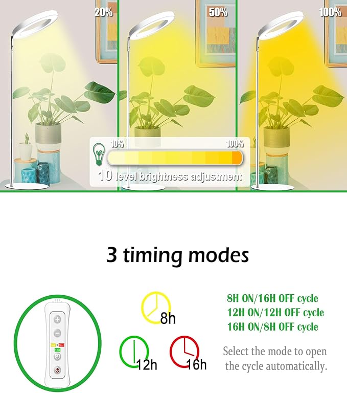 yadoker 144 LEDs Full Spectrum Plant Grow Light for Indoor Plants，Height Adjustable, 6.3" Aluminum Housing,Automatic Timer with 8/12/16 Hours,10-Level Brightness,White Plant Light with Base,2Pack