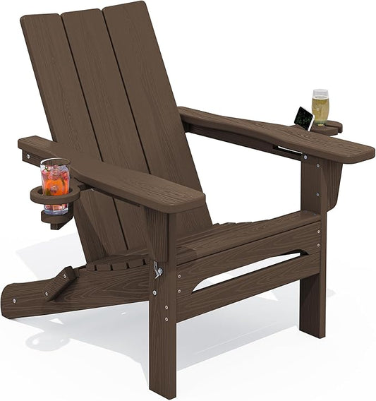 SERWALL Modern Adirondack Chairs, Folding Adirondack Chair with Cup Holders, Outdoor HDPE Adirondack Chair for Patio Lawn Garden, Coffee
