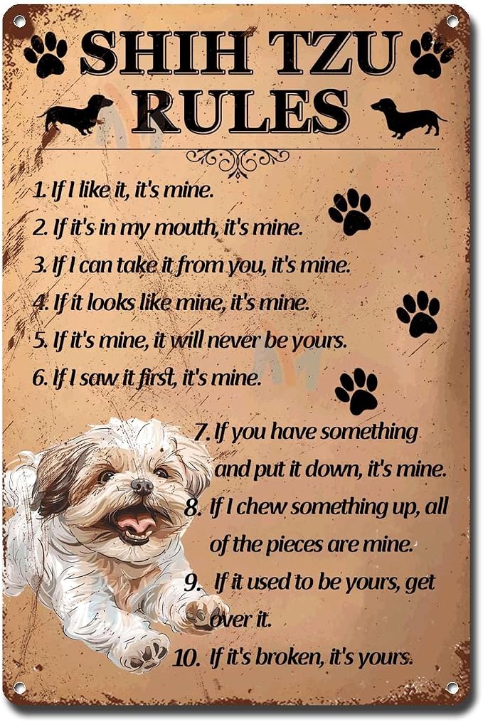Metal Sign Tin Sign Vintage Wall Art Shih Tzu Rules Garden Metal Sign for Pub 12×16 Inches