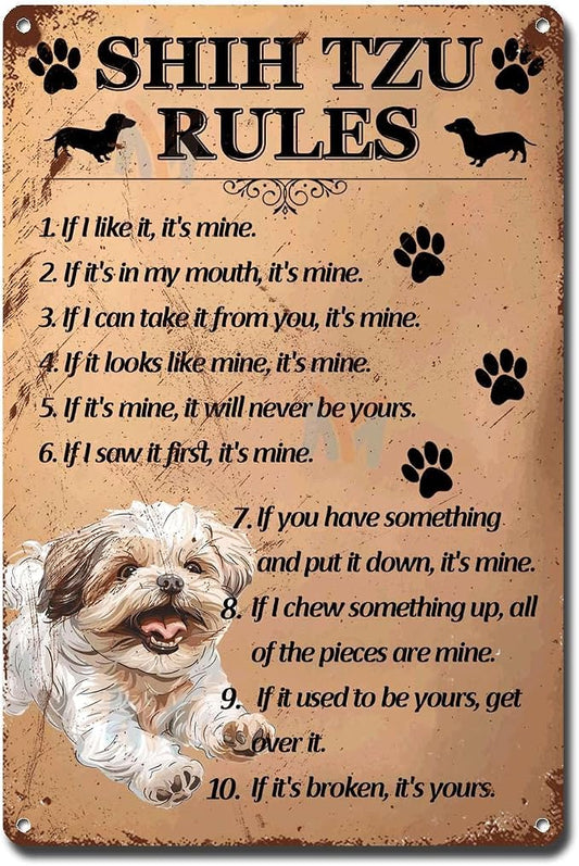 Metal Sign Tin Sign Vintage Wall Art Shih Tzu Rules Tin Signs for Women for Club 6×8 Inches