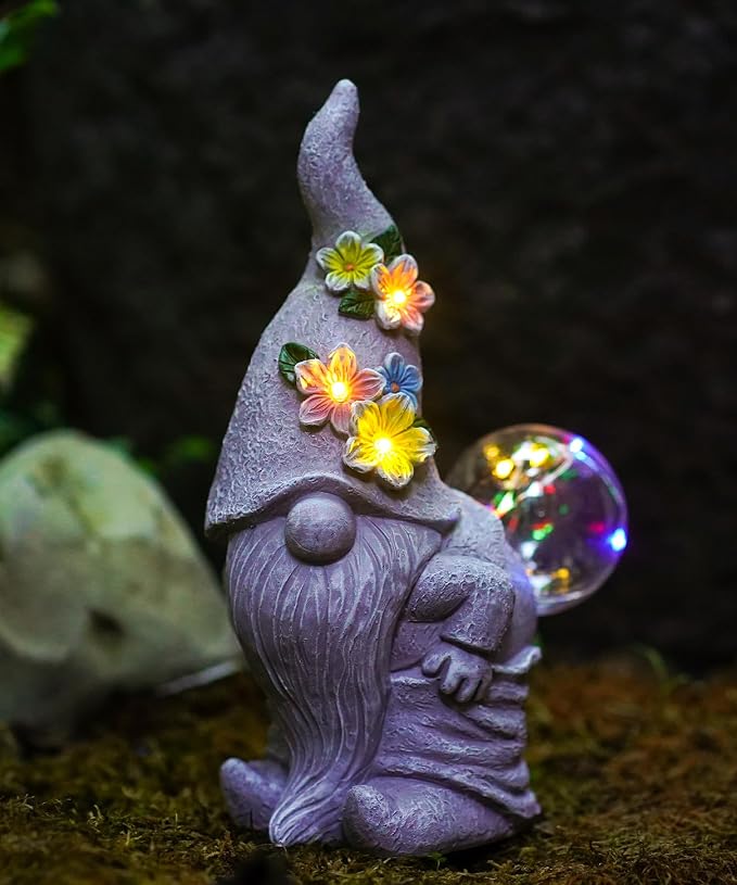 Nacome Solar Funny Gnome for Garden Decor: Durable Resin Statue All-Weather Automatic On/Off Switch Bubble Outdoor Outside Patio Porch Front Pathway - Gifts for Mom Grandma Lady