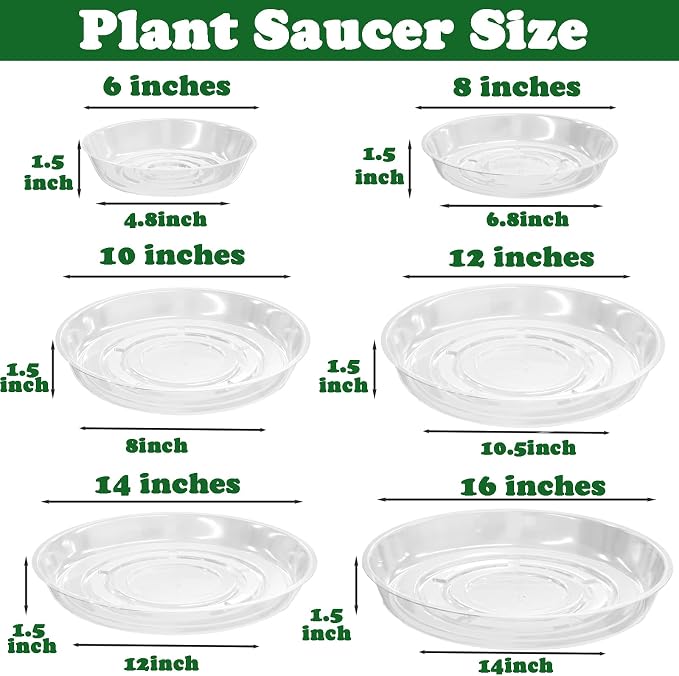 16 Packs 6/8/10/12 Inches Large Clear Plant Saucers for Indoor Outdoor Use Heavy Duty Plastic Plant Trays for Planter Bulk Flower Pot Drip Trays to Catch Water, 4 to 20 Inch
