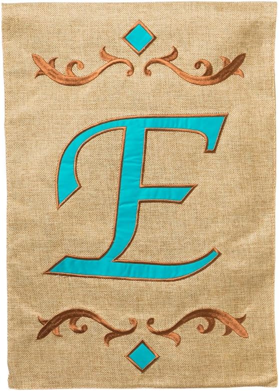 Evergreen Burlap Teal E Monogram Garden Flag, 12.5 by 18 inches