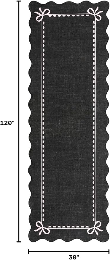 GarveeHome Scalloped Hallway Runner Rug 2.5x10 Non Slip Black Pink Rugs | Washable Bow Rug for Girls Bedroom Dorm Nursery Entyrway Kitchen, Soft Low Pile Ultra-Thin Stain Resistant Indoor Carpet