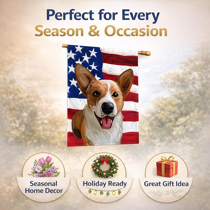 Caroline's Treasures CK6750CHF Cardigan Welsh Corgi American Flag House Flag Large Porch Sleeve Pole Decorative Outside Yard Banner Artwork Wall Hanging, Polyester, House Size, Multicolor
