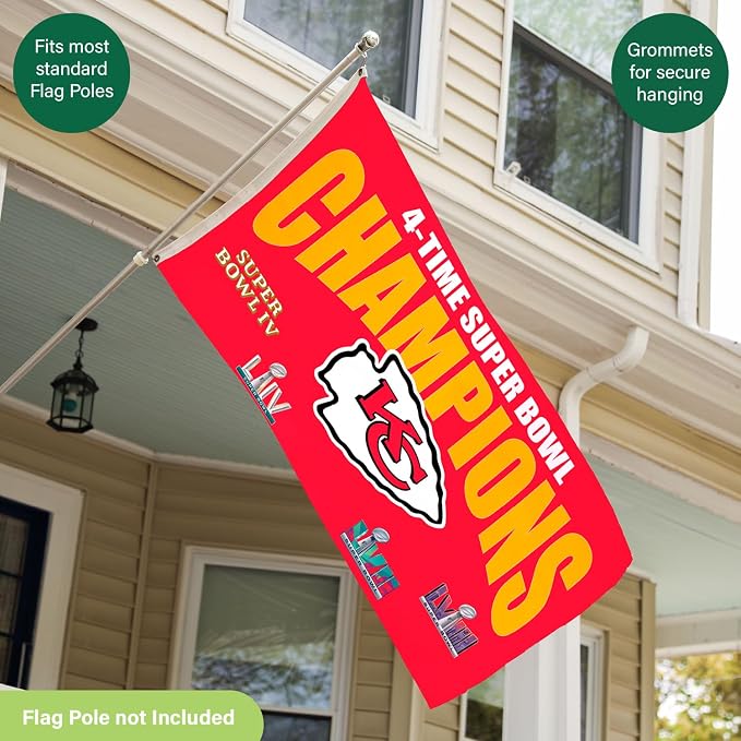 Team Sports America NFL Kansas City Chiefs Multi-Win Superbowl Champions 3x5 Flag for Outside with Grommets | Outdoor & Indoor | Heavy Duty Flag & Banner | Works with Flag Pole for Outside House