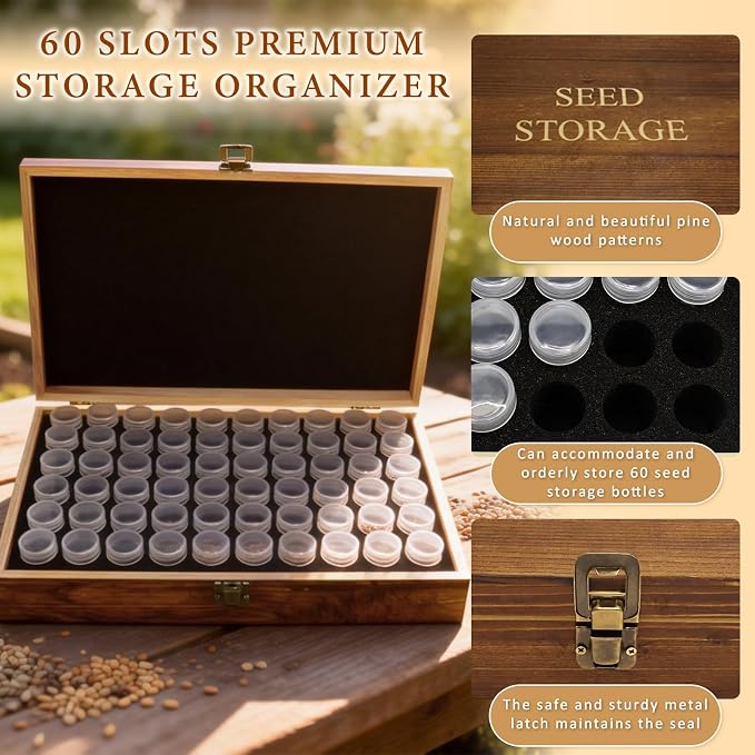 Seed Storage Organizer,60 Slots Pine Wood Seed Storage Box,Portable Seed Saving Box with 230 Labels,Seed Container,Wooden Seed Organizer Kit For Flower Plants Vegetable Seed