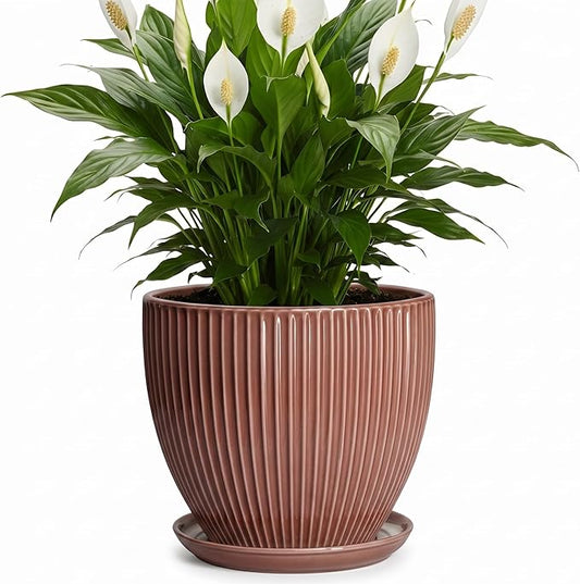 8 Inch Ceramic Flower Pots, Plant Pots Indoor with Drainage Hole and Saucer, Round Flower Pot for Indoor Plants, Decorative Modern Planter, Garden House Decor, Gardening Gifts, Rust Red