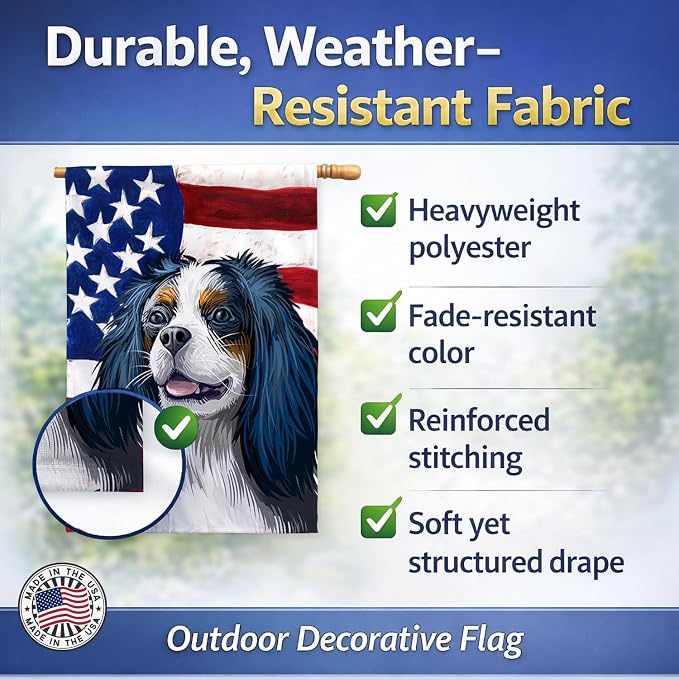 Caroline's Treasures CK6591CHF King Charles Spaniel American Flag House Flag Large Porch Sleeve Pole Decorative Outside Yard Banner Artwork Wall Hanging, Polyester, House Size, Multicolor