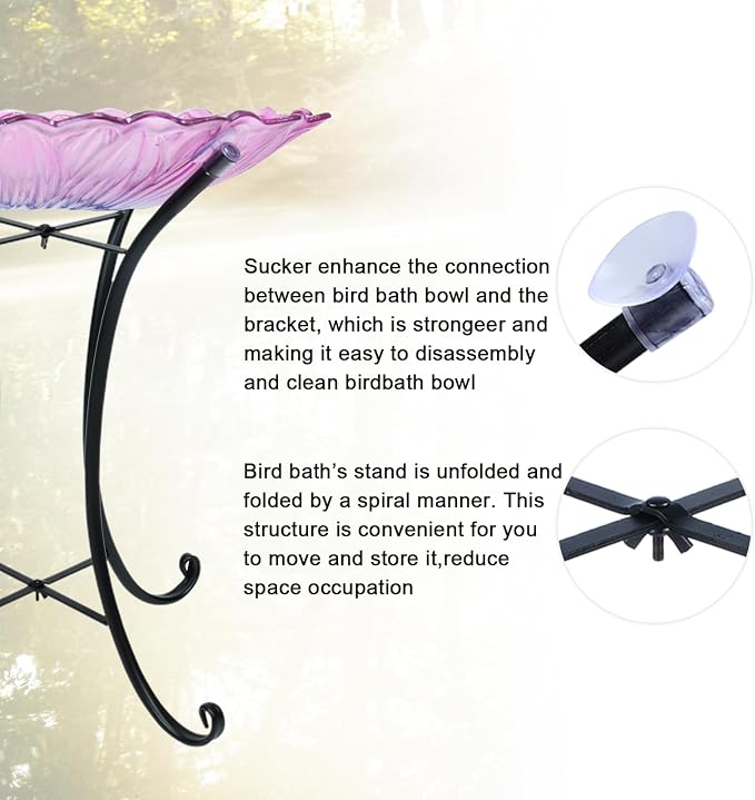MUMTOP Outdoor Glass Birdbath with Metal Stand for Outside Yard Garden Decor, 18 inch Diameter Pink Bird Baths Bowl for Outdoors, 21 inch Height
