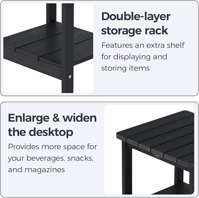 Adirondack Square Outdoor Side Table, 2-Tier Patio Side Table, HDPS End Tables for Porch, Deck, Backyard, Garden, Poolside, Beach, Easy Assembly, Black