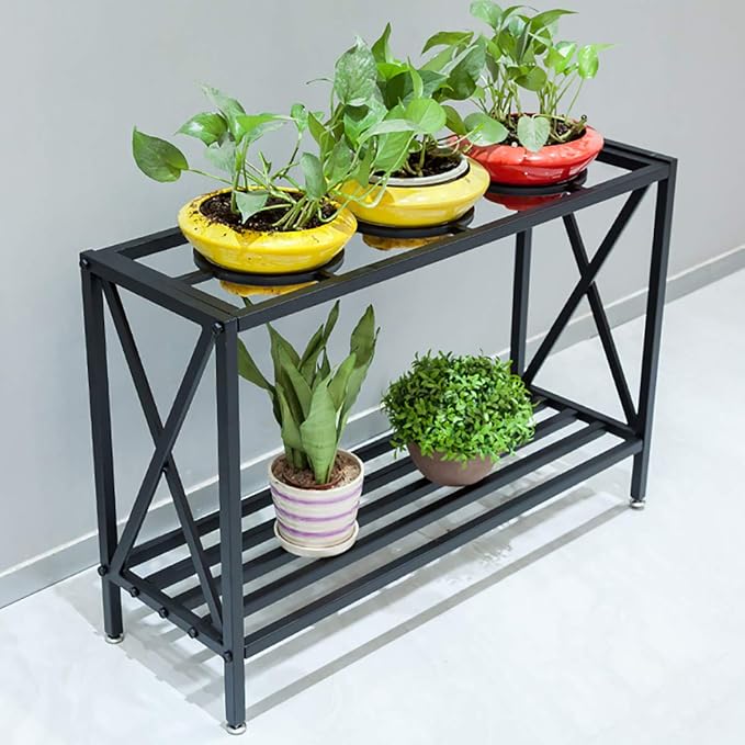 2-Tier Iron Pot Shelves, Plant Stand, Plant Shelf Holder, Flower Display Storage Rack for Outdoor, Indoor, Balcony 35.4’’ x 11.8’’ x 23.6’’
