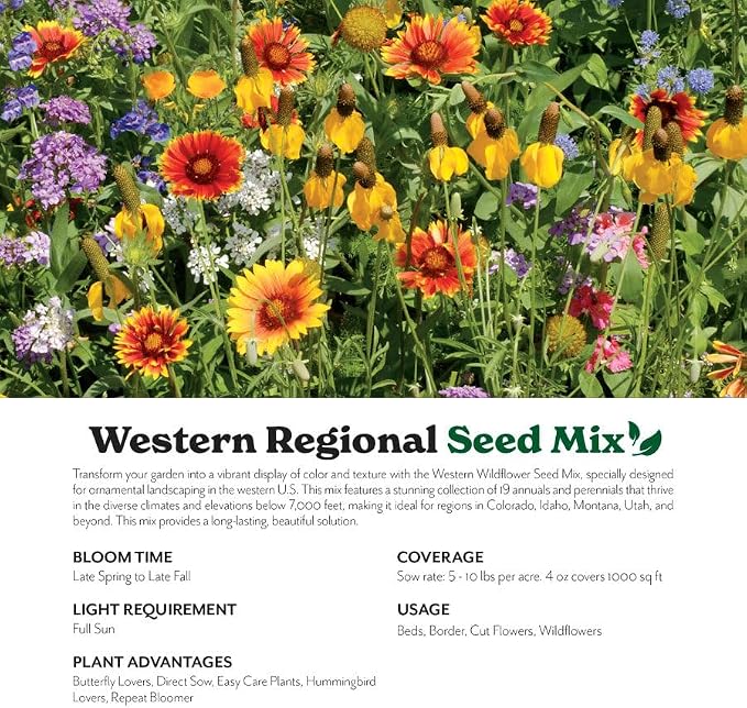 Grow Your Own Vibrant Annual and Perennial Wildflower Garden Seeds Mixture, Varieties for Pollinators and Spring Gardens - Western Regional Mix, 10 lbs
