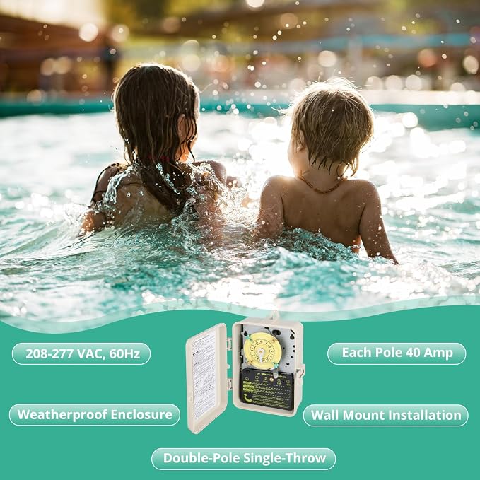 T104 Mechanical Pool Timer Switch, Weatherproof Plastic Enclosure, 208-277VAC 60Hz DPST, Indoor/Outdoor Install, for Pool Pump, Spa Equipment, Landscape Lighting, Outdoor Irrigation