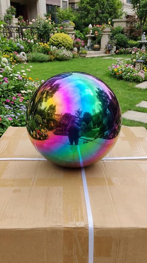 8 inch Diameter Gazing Ball,Rainbow Stainless Steel Polished Reflective Smooth Garden Sphere Globe Mirror,Colorful and Shiny Addition to Any Garden or Home