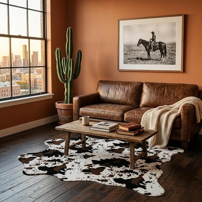 MustMat Cow Print Faux Cowhide Rug, Urban Western Decor Rug 4'7''×5'3'' | Works for Bedroom, Dining & Office | Matches Rustic Farmhouse | Perfect for Holiday & Birthday Parties