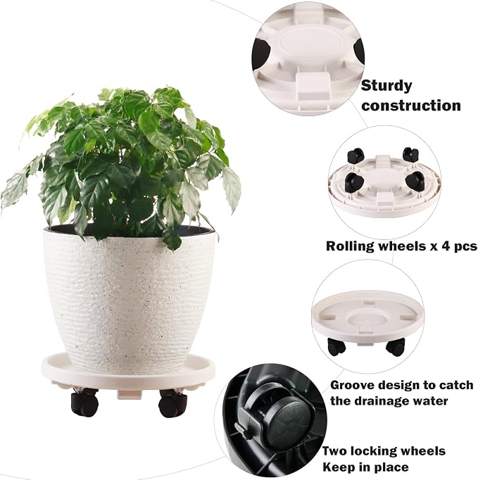 5 Pakcs Large Plant Caddy with Wheels 15.8" Rolling Plant Stands Heavy-duty Plastic Plant Roller Base Pot Movers Plant Saucer on Wheels Indoor Outdoor Plant Dolly with Caster Tray Coaster White
