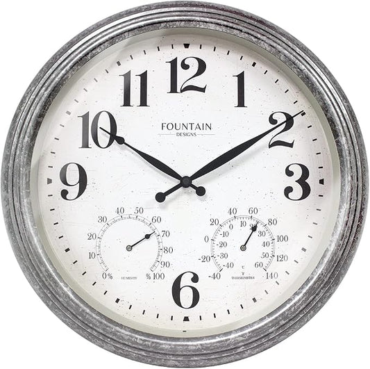 18 Inch Outdoor Clocks for Patio Large Waterproof with Thermometer, Large Wall Clock with Temperature and Humidity Combo,Weatherproof for Pool Decor,Galvanized Finish