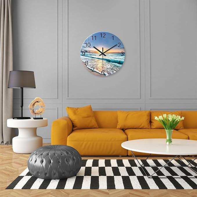 20 Inch Big Beach Wall Clocks for Living Room Decor | Analog Glass Slient Wall Clock Non Ticking Coastal Wall Clock Battery Operated Nautical Wall Clock Beach Themed Room Decor
