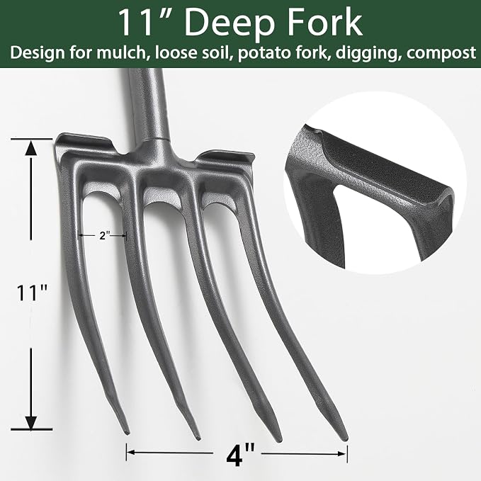 Pitch Fork, Metal Broadfork Garden Tool Long Handle, 4 Tine Mulch Hay Manure Digging Bedding Hay Potato Garden Fork Shovel for Gardening Loosening Soil Compost