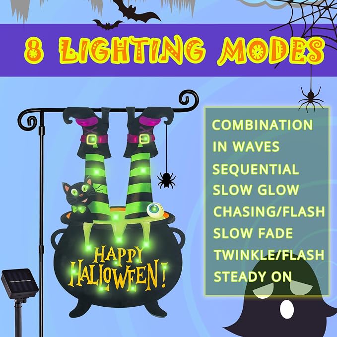 Halloween Lighted Garden Flag for Outside, Led Solar Yard Flag 8 Modes Witch Feet Shape Flag, 28x40 Double Sided Cauldron Eyeball Black Cat Decorations for Home Porch