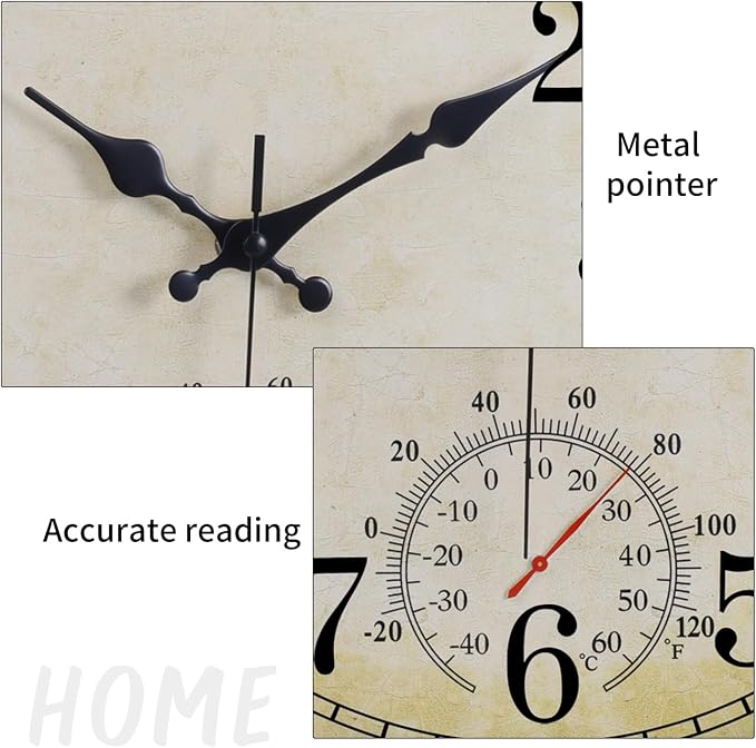 16 Inch Large Outdoor Clock, Waterproof Wall Clock with Thermometer, Battery Operated Silent Non-Ticking Vintage Wall Clock Quartz Round Clock Home Decor,Green